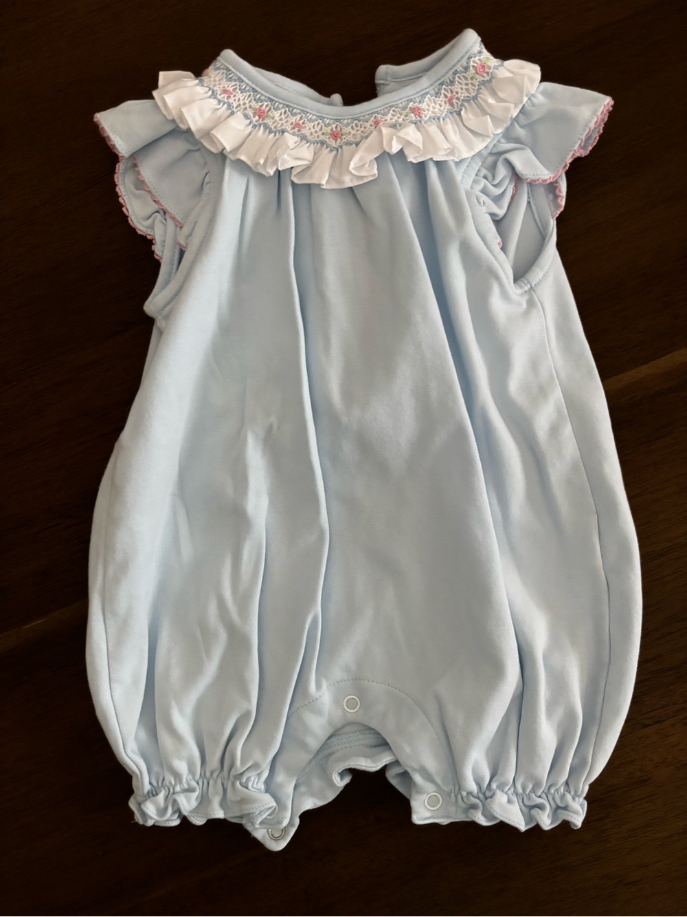 Petite Bebe Baby Girls Light Blue Ruffle Neck Bubble Romper One-Piece